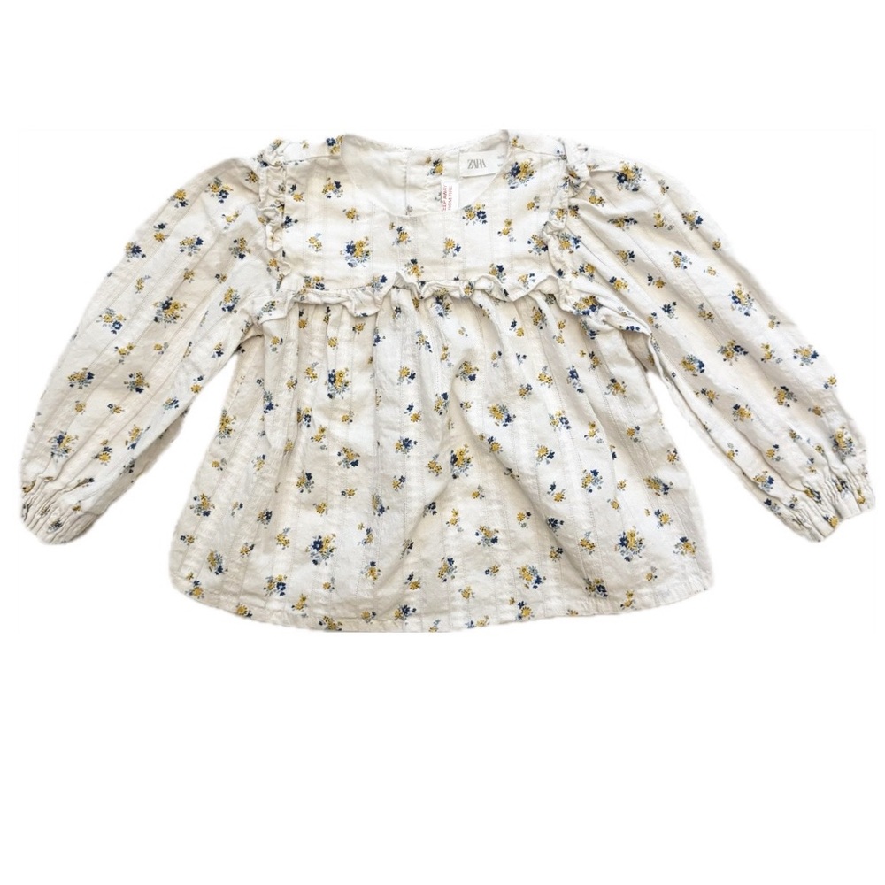 Zara Cream and Blue Floral Blouse with Puffed Sleeves